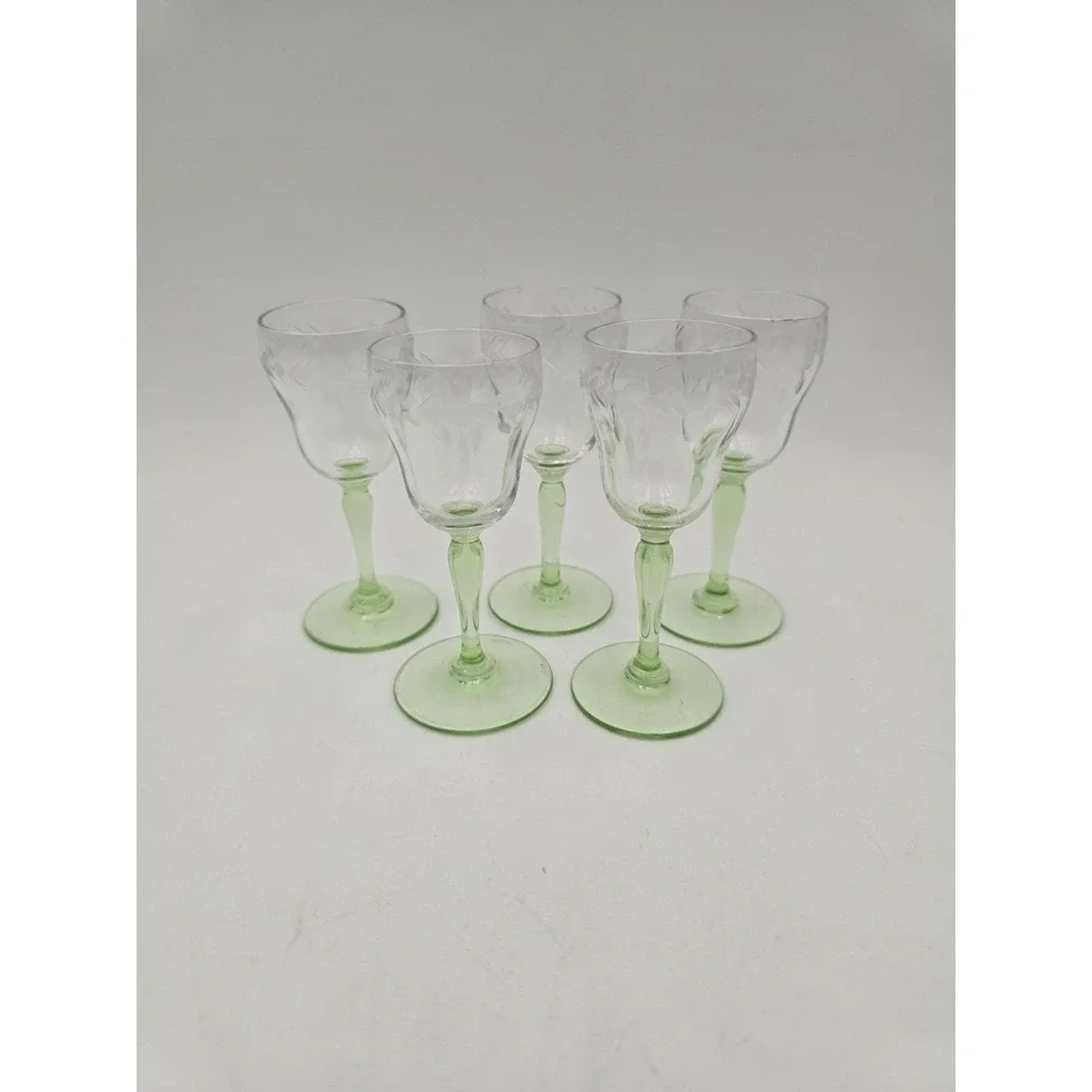 Vintage Uranium Glass Cordials Etched Foliate Design Stemware Set Of 5 Bryce?